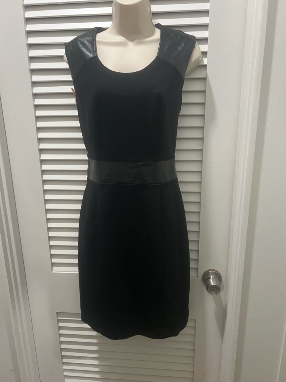 Kenneth Cole Black Sleeveless Sheath Dress with Faux Leather Trim